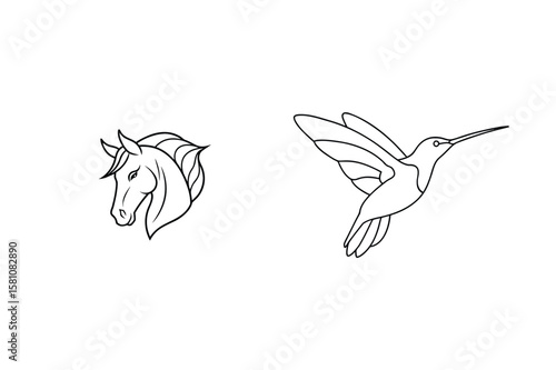 Horse head and hummingbird line art equine mammal