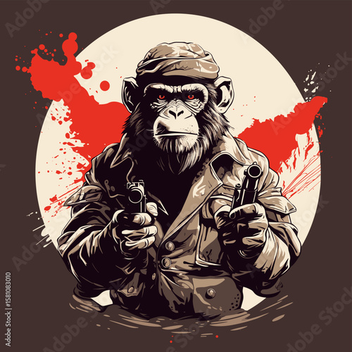 Chimpanzee in military camouflage with weapon in vector art style