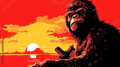 Chimpanzee in military camouflage with weapon in vector art style