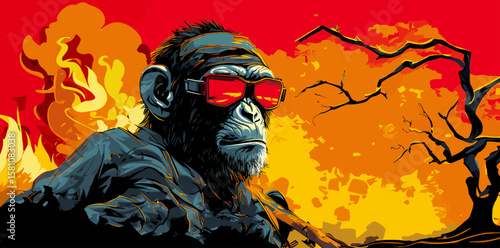 Chimpanzee in military camouflage with weapon in vector art style
