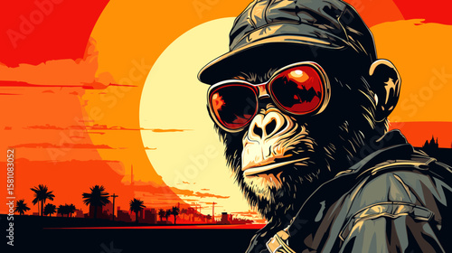 Chimpanzee in military camouflage with weapon in vector art style