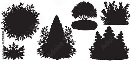 silhouette trees shrubs and bushes. isolated on white background