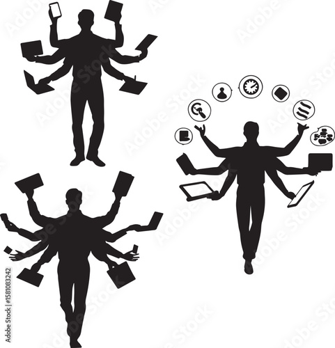 Silhouette of a Multitasking Professional Managing Multiple Devices Like Smartphones, Laptops, and Tools in a Dynamic and Productive Work Environment