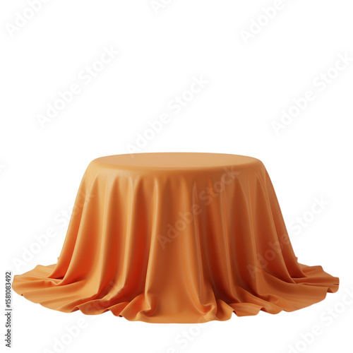 Round table covered with an orange cloth isolated on transparent background