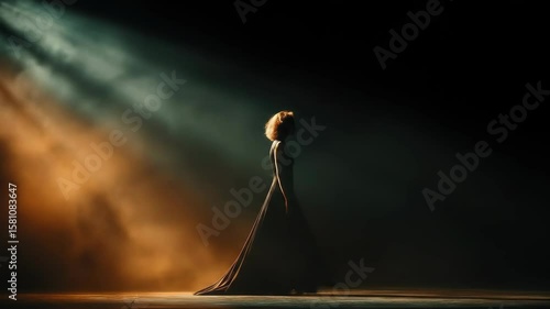 Woman in dress walking in dramatic lighting, spotlight shining