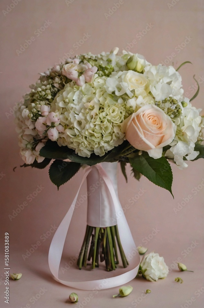 Fototapeta premium Wedding bouquet of the bride, on a peach background, from hydrangeas and roses, in a satin ribbon