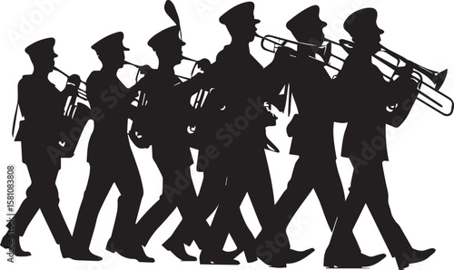 Silhouettes of a Marching Band Playing Brass Instruments, Symbolizing Music, Parades, and Cultural Celebrations in a Dynamic and Festive Setting