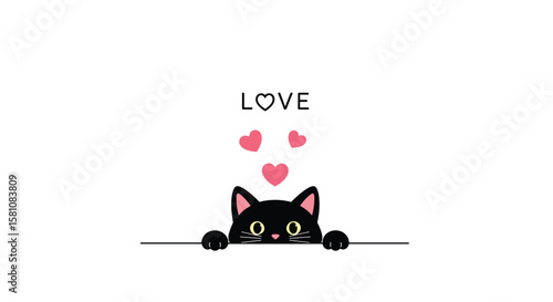Adorable Black Cat Peeking Over a Line with Pink Hearts and the Word LOVE