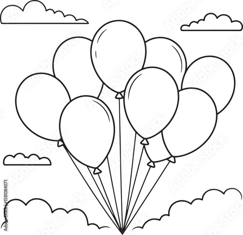 Floating balloons with clouds outline group bunch