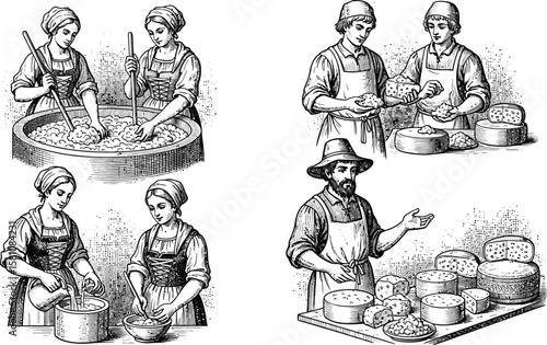 Vintage illustration showing people making and selling cheese