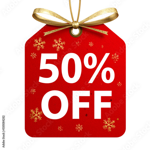  Festive Red Christmas Tag with 50% Off Discount Text and Golden Snowflake Accents, Isolated PNG.