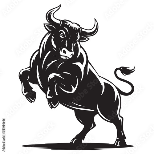 Powerful black bull charging forward with front hooves raised in a dynamic aggressive stance against a white background