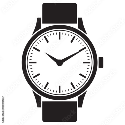 Classic black and white silhouette of a wristwatch with a white dial and black hands on a white background