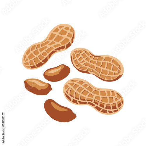 Unshelled and shelled peanuts scattered on a white background, A collection of whole peanuts in their shells and individual shelled peanuts are artfully arranged on a clean white surface.