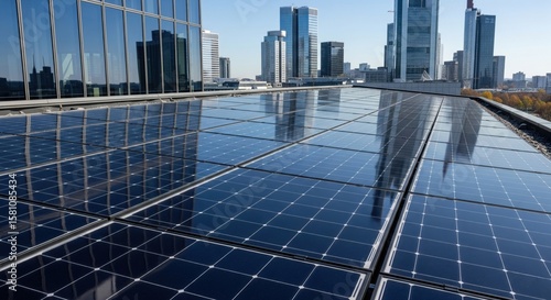 Glossy rooftop solar panels on office building with skyscrapers in background
