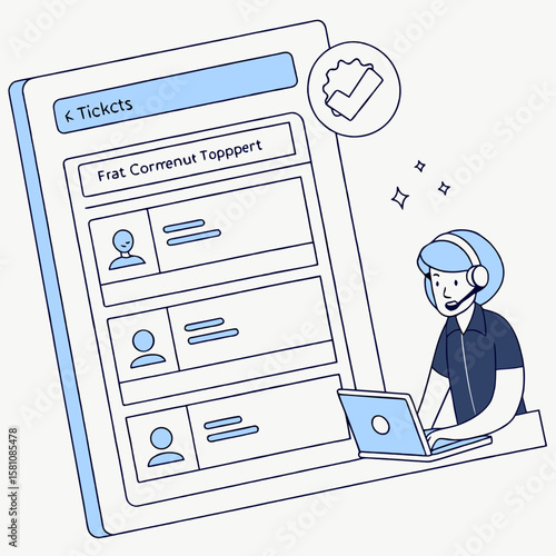 Customer service representative working on a laptop with a ticket management system interface displayed on screen
