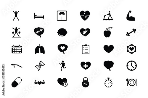 Collection of health and fitness icons isolated on white background, representing various aspects of wellbeing and physical activity
