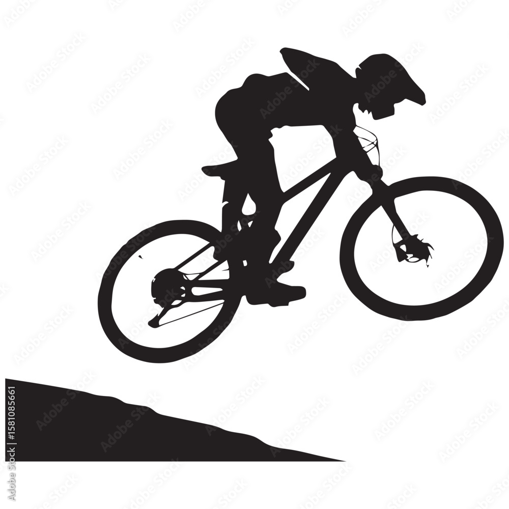 Naklejka premium Silhouette of a mountain biker in mid air performing a jump over a dirt ramp with a white background