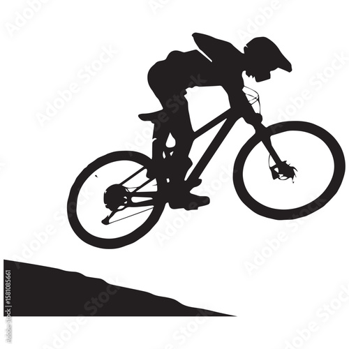Silhouette of a mountain biker in mid air performing a jump over a dirt ramp with a white background