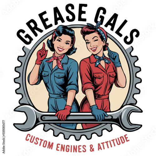Grease Gals Retro Pin-Up Workshop Emblem

