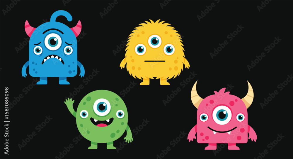 Fototapeta premium Charming Cartoon Monsters Expressing Diverse Emotions and Playful Gestures Against a Dark Backdrop