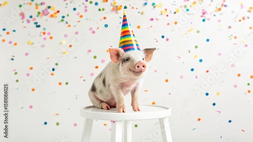 A charming mini pig dressed up for a festive event, with a sweet smile and a party hat, surrounded by bright, scattered confetti, ideal for whimsical and fun-loving themes.

