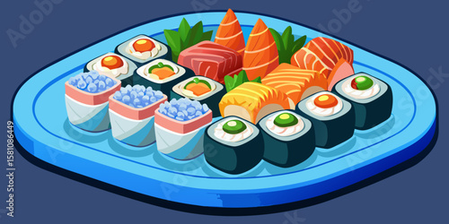 Fruit-topped cake and a fresh plate of healthy sushi with salmon and tuna