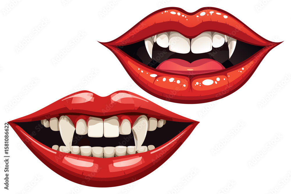 Fototapeta premium Red vampire lips with bite fangs, Sexy red vampire lips, Vampire teeth, open mouths of vampire with white fangs, 