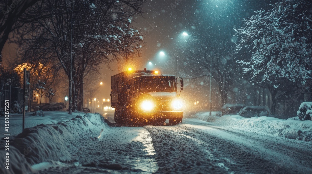 Obraz premium Snowplow clears a snowy street at night.
