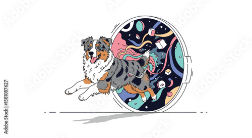 Energetic Australian Shepherd Leaping Through a Cosmic Portal with Abstract Shapes