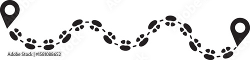 Black paw print trail with location markers on white background