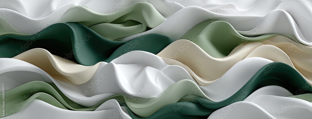 Obraz premium Curvilinear forms intertwine in muted green and beige shades, showcasing a soothing interplay of light and texture in a minimalist style