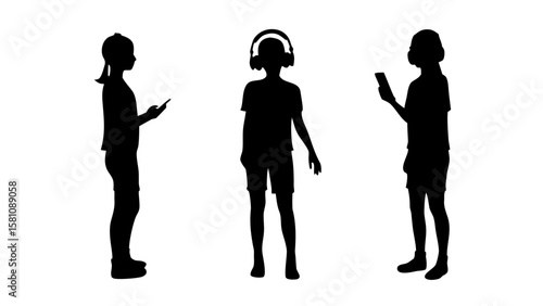 Teenage Silhouettes with Headphones and Mobile Phones PNG – Transparent Background