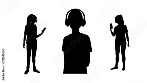 Teenage Silhouettes with Headphones and Mobile Phones PNG – Transparent Background