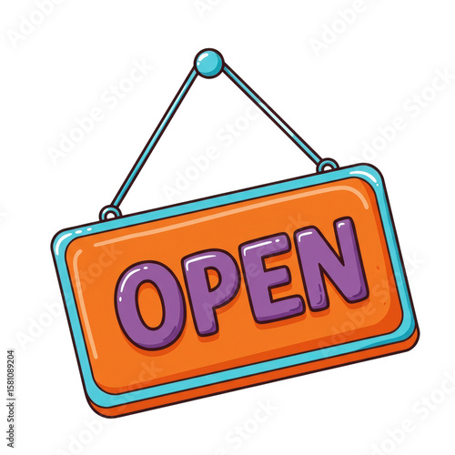 Open sign in bright colors hanging on wall for business visibility  no background, isolated