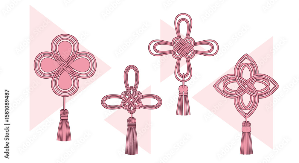 Intricate Pink Ornate Knotwork Charms with Tassels for Festive Decoration Intricate Pink Ornate Knotwork Charms with Tassels for Festive Decoration