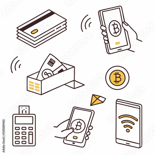 Illustration showing various digital payment methods including bitcoin, cards, and mobile payments.