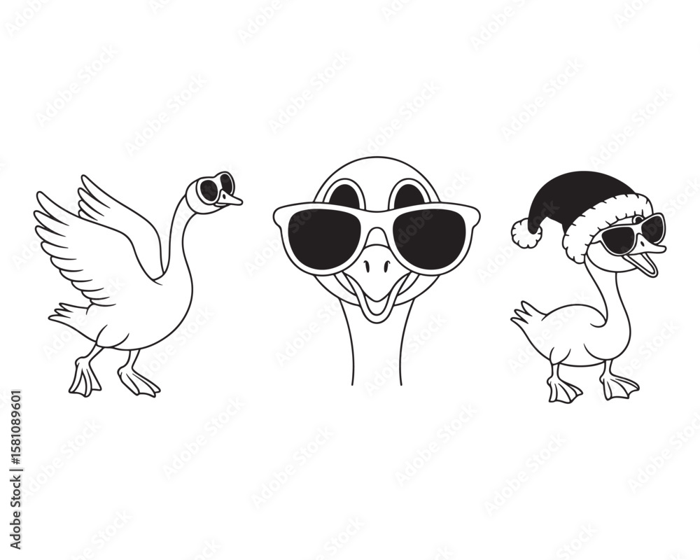 Obraz premium Cartoon Geese with Sunglasses and Santa Hat Vector Illustration