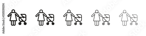 Woman with Baby Stroller icon in thin to bold stroke versions on white background