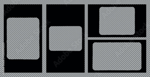 Four photo frames in different styles 16:9 size. Photo frames include a black border. Minimalist photo frames on a light background. Instant photo frames, vector set for social media