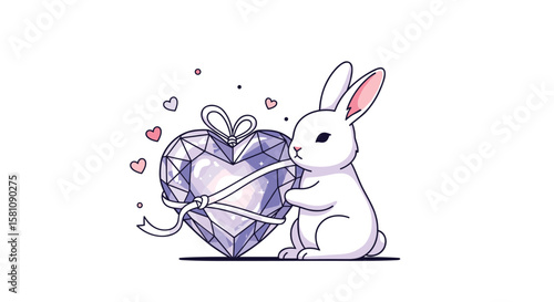 Adorable White Bunny Admires a Large Diamond Heart Gift Wrapped with a Ribbon