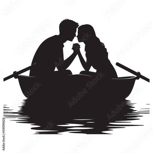 Romantic silhouette of a couple holding hands in a rowboat on the water at sunset