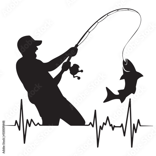 Silhouette of a fisherman reeling in a fish with a heartbeat line symbolizing passion for fishing