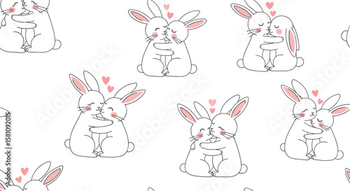 Adorable Cartoon Bunnies Embracing with Hearts Adorning Their Heads Pattern Design