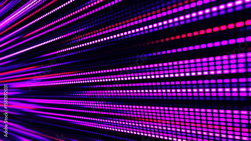 Digital flow. Light dynamics and pixel energy. The illustration shows a bright LED panel where bright multi-colored stripes create the effect of movement and energy. Vector illustration.