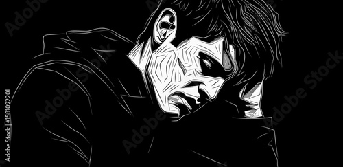 Abstract portrait of a young man suffering from depression and loneliness in vector line art style.