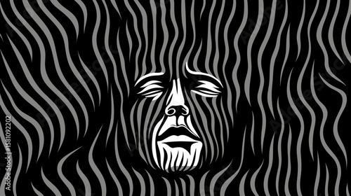 Abstract portrait of a young man suffering from depression and loneliness in vector line art style.
