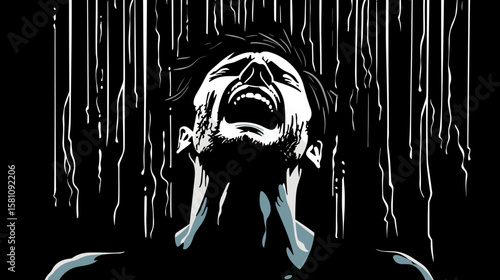 Abstract portrait of a young man suffering from depression and loneliness in vector line art style.