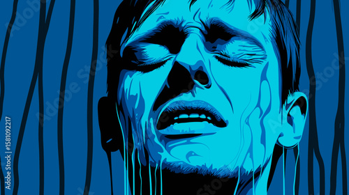 Abstract portrait of a young man suffering from depression and loneliness in vector line art style.
