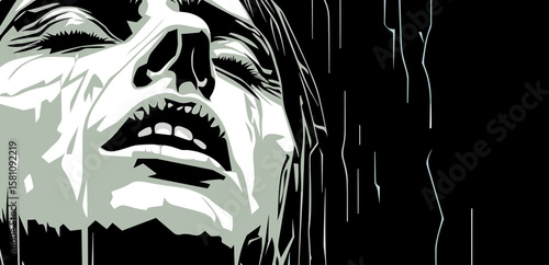 Abstract portrait of a young man suffering from depression and loneliness in vector line art style.